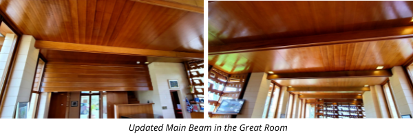 Two images side by side of the Main Beam in the Great Room of the Gordon House. Images taken of the beams from within the Great Room facing the entryway, and vice versa.